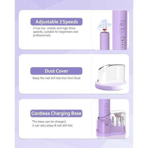 Nail Drill,Cordless Electric Files for Gel Nails E-File Manicure Kit Women Rechargeable Cordless Drill para U?as Profesional Machine Grinder Acrylic Purple