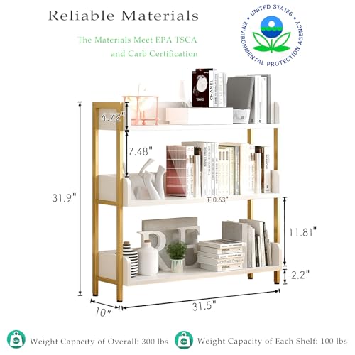OSCHF 3-Tier Wide Open Shelf Bookcase with Gold Frame, White, Variation: Gold + White