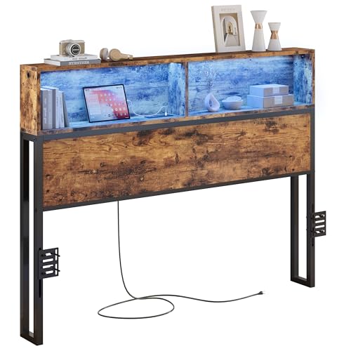 Queen Size Headboard with LED Lighting and Charging Station - Industrial Brown