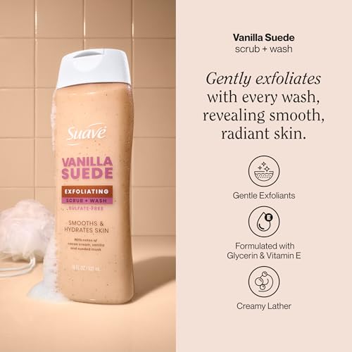 Suave Vanilla Suede Exfoliating Body Wash & Scrub with Glycerin & Vitamin E, Hydrating 6 Pack, 18 FL OZ