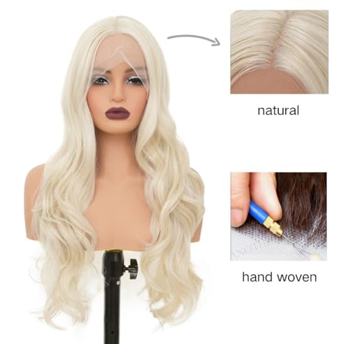 Blonde Lace Front Wigs for Women Long Curly Wavy Middle Part Synthetic Heat-Resistant Cosplay Party Daily Hair - Blonde