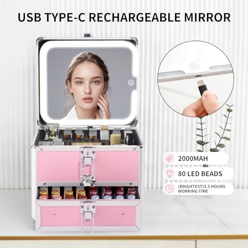 Leeora&Leekoo Pink Makeup Box with Lighted Mirror & Adjustable Dividers Travel Case