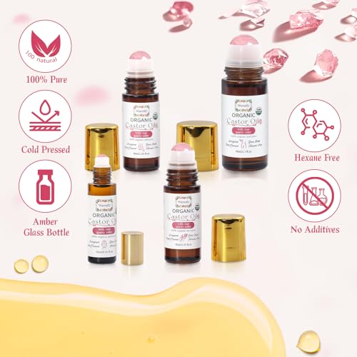 Castor Oil with Rose Quartz Roll-On 4 Pack for Face Body Hands Feet - Organic Moisturizer & Relaxation Set (1.06 Fl Oz Each)