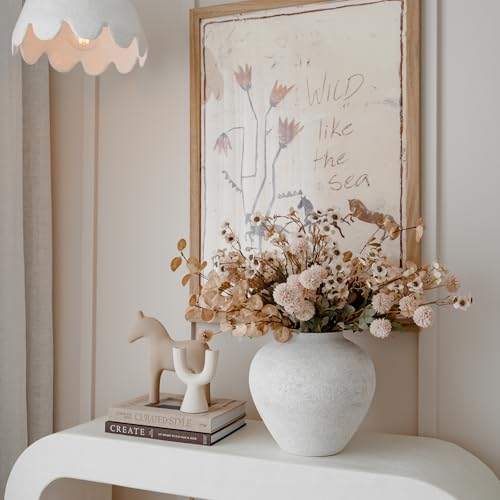White Large Round Vase for Flowers - 11 Inch Rustic Textured Modern Farmhouse Decor