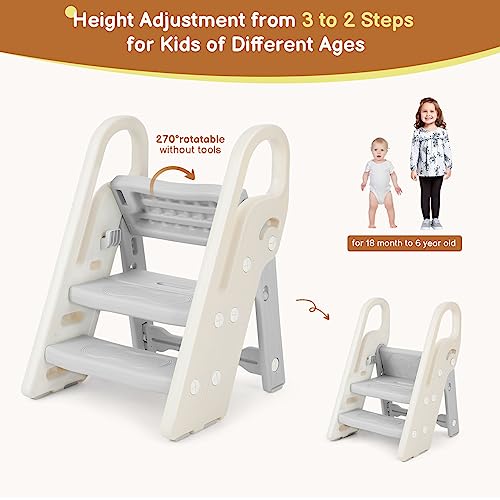 Gray Foldable 3-Step Stool for Kids Bathroom Sink & Kitchen Helper - Adjustable & Space-Saving