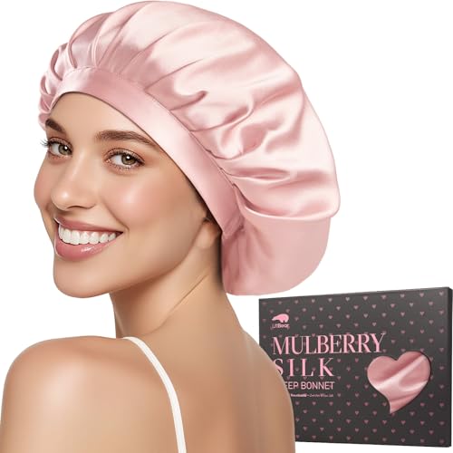 LitBear Pink Mulberry Silk Sleep Bonnet for Women, 22 Momme Hair Wrap with Elastic