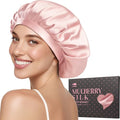 LitBear Pink Mulberry Silk Sleep Bonnet for Women, 22 Momme Hair Wrap with Elastic