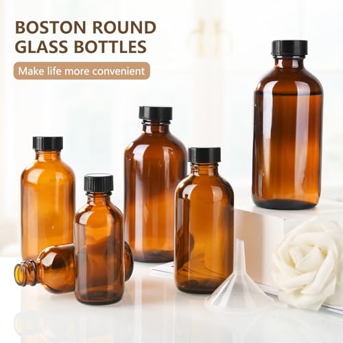 8 oz Amber Glass Boston Round Bottles Pack of 12 with Black Poly Cap - Homemade Extract & Essential Oil Storage