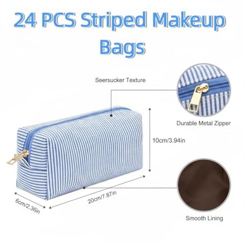 24 PACK Makeup Bags Bulk-Easter Gifts/Seersucker Bulk Cosmetic Bags/Bridesmaid Proposal Gifts/Makeup Pouch for Wedding Party Favors Birthday/Teacher/Mothers Day Gifts/Toiletry Travel Bags(24, Blue)