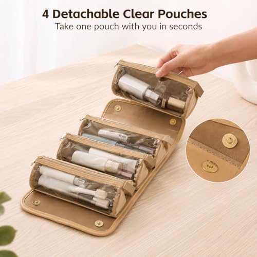 YDR Roll Up Makeup Bag for Women - 4 Detachable Clear Pouches, Hanging Travel Organizer - Brown