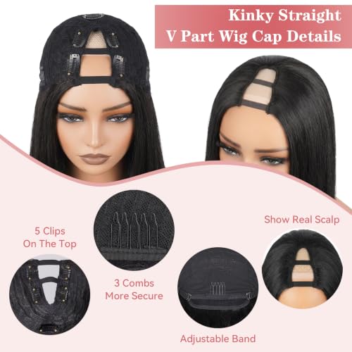 Yaki Straight V Part Wig - 26 Inch, 1B, Glueless Clip-In Half Wig with Layers
