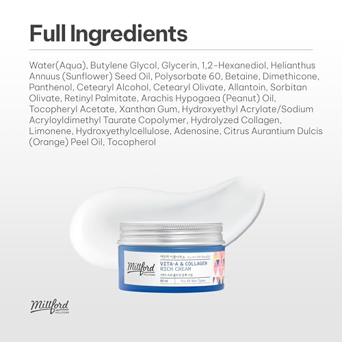 Vita A & Collagen Rich Cream 80ml/2.7 Oz, Fish/Marine Collagen, Face Cream, Anti Aging, Facial Moisturizer, Wrinkes, Fine Lines, Retinyl Palmitate, Korean Skincare