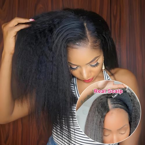 20 Inch Natural Color V Part Human Hair Wig for Black Women, Kinky Straight, Glueless Half Wigs