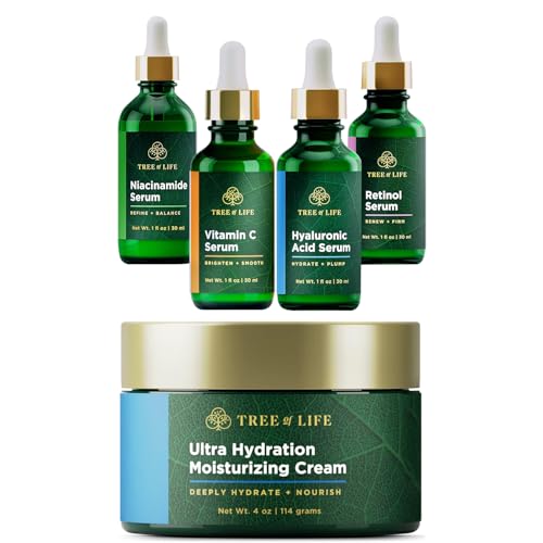 Tree of Life Beauty Facial Skin Care Set - Niacinamide + Vitamin C + Retinol + Hyaluronic Acid Serum - 4 count (1 Fl Oz) and Hydrating and Moisturizing Face Cream Botanical Hyaluronic Acid - 4 Fl Oz