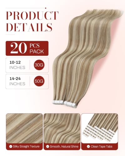 Tape-In Human Hair Extensions - Beige Blonde, 18 Inch, 20 Pieces - Light Brown Highlighted Platinum Blonde Variation