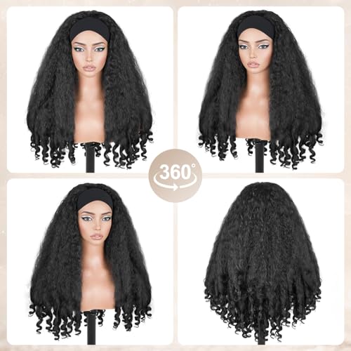Afro Curly Headband Wig for Black Women - 22 Inch Kinky Curly Synthetic Half Wig with Bouncy Ends - Black Variation