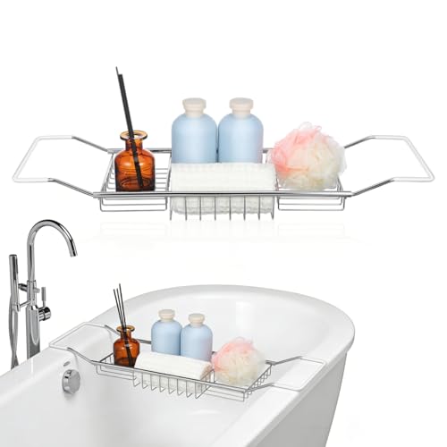 Cabilock Bathtub Tray - Stainless Steel Bathtub Caddy, Expandable Extra Wide Bath Tub Organizer, Rust-Resistant Over The Tub Shelf Rack with Non-Slip Grips for Phone Book Wine Glass, Silver