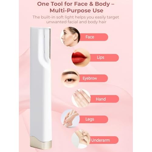Dermaplane Facial Razor for Women ? Electric 3-Speed Sonic Face Hair Removal Tool with LED Light, Peach Fuzz Remover & Exfoliating Dermaplaning Tool, USB-C Rechargeable with 5 Replacement Heads