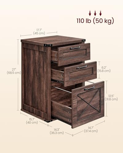 VASAGLE Maroon Brown 3-Drawer File Cabinet with Printer Stand, Fits A4 Letter