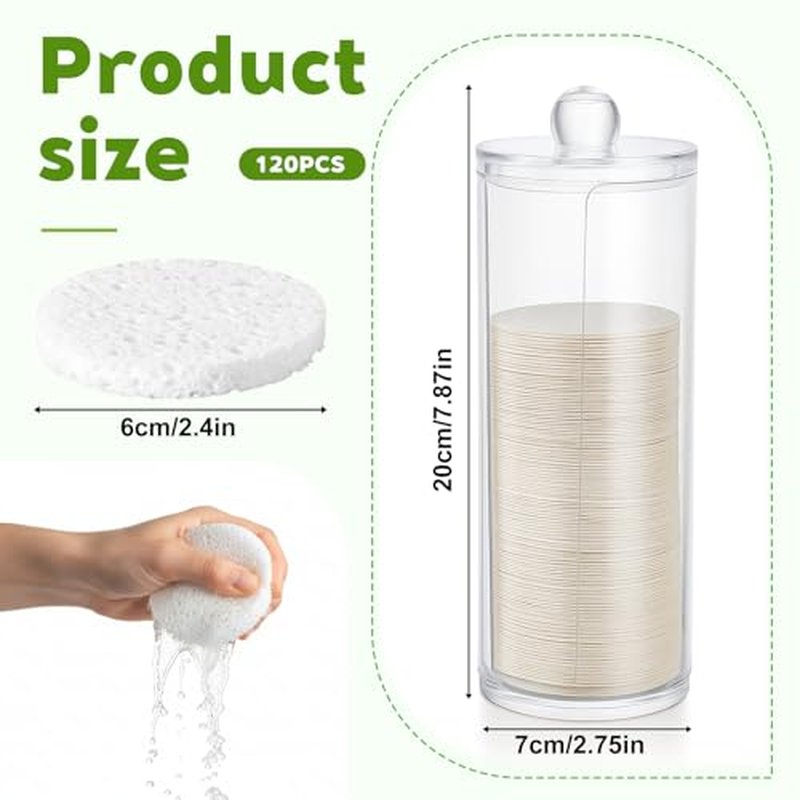 120 Pcs Compressed Facial Sponges with Container, Disposable Round Face Sponge Pads Portable Makeup Removal Wash Sponges for Women Cleansing Makeup Spa (White)