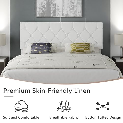 Queen Bed Frame with Upholstered Tufted Headboard - White, Adjustable & Noise-Free