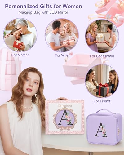 Relavel Personalized Initial Makeup Bag with LED Mirror - Purple, Monogram Cosmetic Train Case for Women & Girls - Variation C