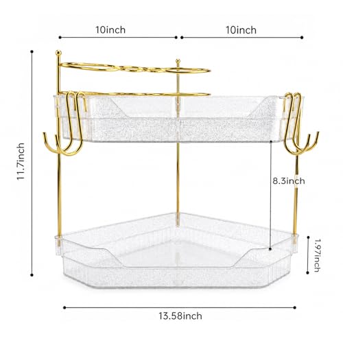 Crystal Silver Corner Bathroom Counter Organizer 2-Tier Vanity Storage with Brush Holder