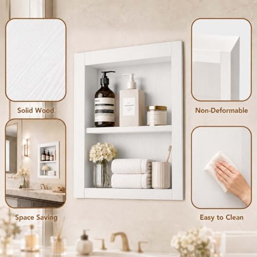 White 14x18'' Recessed Solid Wood Medicine Cabinet with 2-Tier Shelves - No Mirror