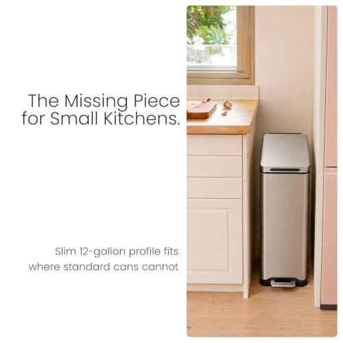 Kitchen Trash Can 12 Gallon Slim Fit Waste Bin with Soft-Close Lid - Silver