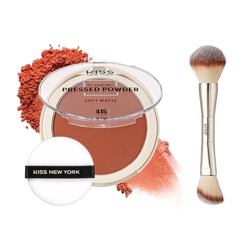 KISS NEW YORK Soft Matte Pressed Powder (Mocha) with Dual Ended Powder Brush Set, Blurring Poreless Face Powder Makeup, Medium Coverage Setting Powder Infused with Salicylic Acid & Niacinamide