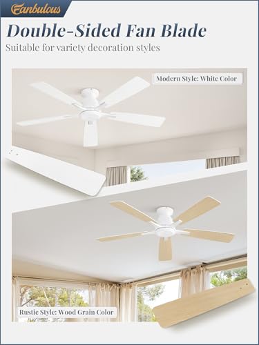 White 52 Inch Flush Mount Ceiling Fan No Light with Remote Control