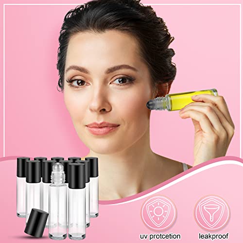 96 Pcs Essential Oil Roller Bottles 10ml Empty Glass Roller Bottles with Stainless Steel Balls Protection Leakproof with 5 Funnel for Travel Perfume Lip Gloss(Clear, Black Lid)