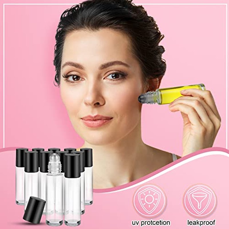 96 Pcs Essential Oil Roller Bottles 10ml Empty Glass Roller Bottles with Stainless Steel Balls Protection Leakproof with 5 Funnel for Travel Perfume Lip Gloss(Clear, Black Lid)