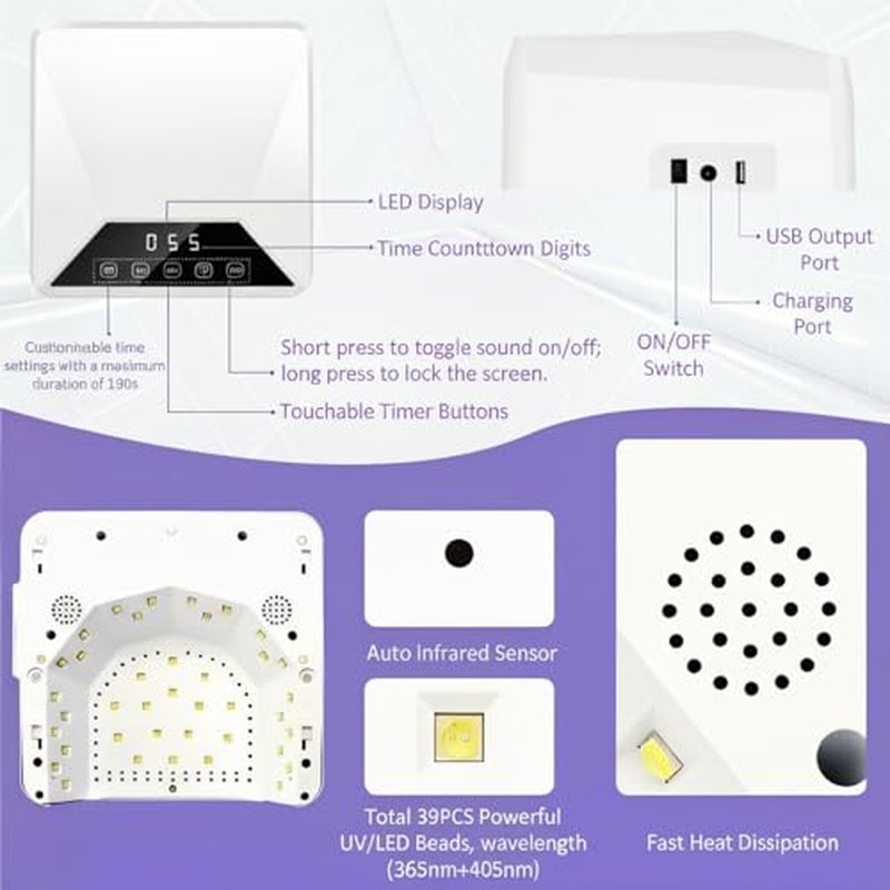 78W UV LED Nail Lamp for Gel Nails, Professional Plug-in Nail Dryer with Adjustable Telescopic Stand for Hands & Feet, 39 LED Beads, 30/60/99/180s Timer, Removable Base for Salon & Home