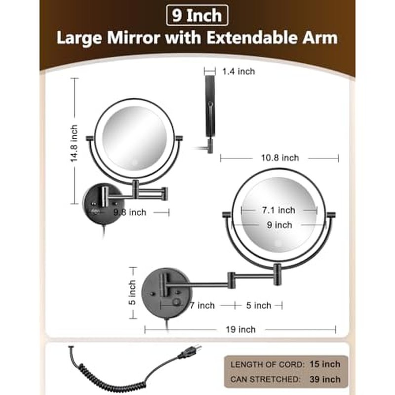 ALHAKIN 9" Wall Mounted Lighted Makeup Mirror, Large Double Sided 1X/10X Magnifying Mirror with 3 Color Lights Dimmable, 360¡Æ Rotation, Black
