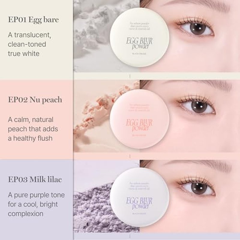 BLACK ROUGE, Egg Blur Powder, EP03 Milk lilac, Loose Face Powder, Korean Makeup Oil Control Compact with Puff, Lightweight Long-Lasting Setting Powder in White, Peach & Purple, 0.17oz