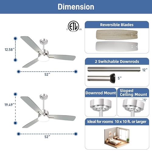 52 Inch Modern Nickel LED Ceiling Fan with Light and Remote - Sand Nickel