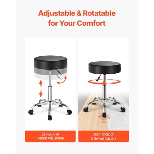 VEVOR Rolling Stool with Wheels, 450 LBS Weight Capacity Round Rolling Stool Chair, Height Adjustable Thickened PU Leather Swivel Stool for Salon, Spa, Massage, Tattoo, Clinic, Black