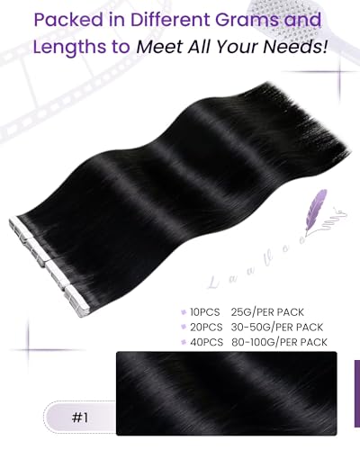 A-2 Jet Black 20 Inch Human Hair Tape-in Extensions 20pcs - Invisible Style