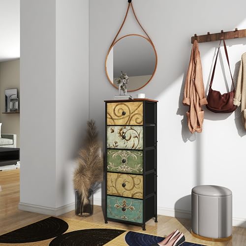 Small Dresser with Retro Flower Fabric Drawers – Multi, 5 Drawers, 11.8 x 16.5 x 45.5 Inches