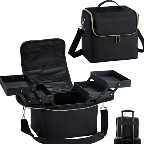 Large Travel Makeup Case with 4 Tiers, Organizer & Luggage Sleeve