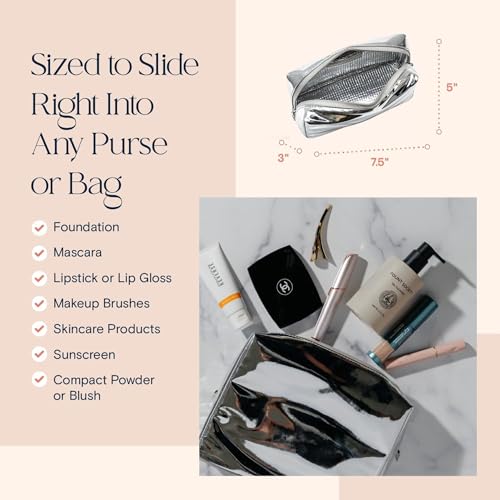 Stay Golden Metallic Silver Insulated Waterproof Makeup Bag for Women Heat-Resistant Travel Cosmetic & Toiletry Bag | Luxurious Vegan Leather Portable Makeup Organizer - Small