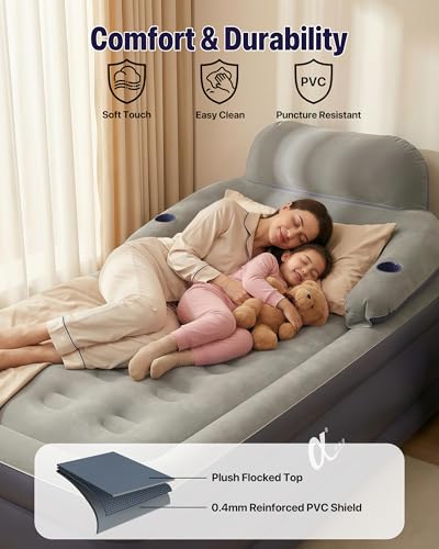 α阿尔法 Twin XL Air Mattress with Built-in Pump, Headboard & Cup Holders, 20" Height