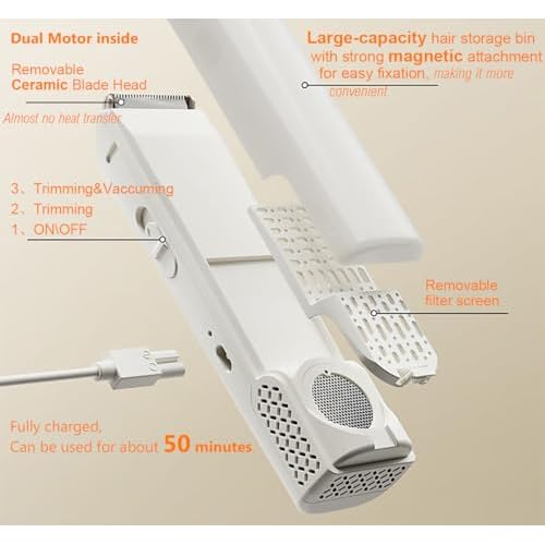 Cordless Vacuum Haircut Kit£¬Vacuum Beard Trimmer£¬Hair Clippers for Men Women Kids Baby, Body Shaver,Large Hairs Storage Space,with 4 Way Foldable Mirror (White)