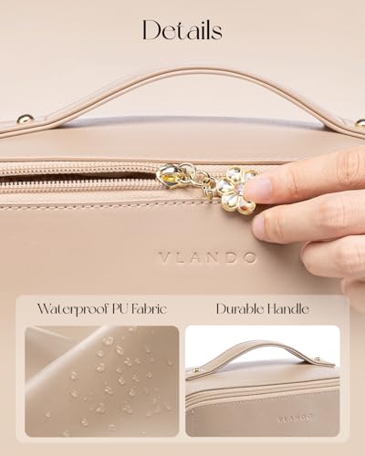 VLANDO Toffee Travel Makeup Bag with 180° Opening Women Toiletry Case