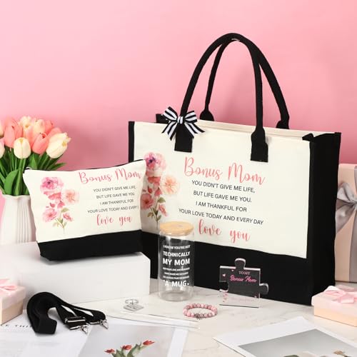 6 Pcs Bonus Mother Gifts Birthday Thank You Appreciation Gifts Set Include Tote Bag Makeup Bag Glass Cup Acrylic Medal Keychain and Bracelet Present for Bonus Mother Mom Mother's Day