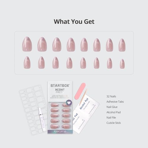 BTArtbox Press On Nails Almond - Diamond Dust, Lamp-Curable Cat Eye Chrome French Tip Short Press On Nails with Glue and Adhesive Tabs for Women in 16 Sizes - 32 Soft Gel Glue On Nails Kit