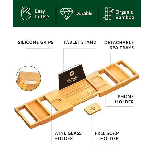 ROYAL CRAFT WOOD Bathtub Tray Caddy for Tub, Bamboo Bath Shelf, Premium Foldable Wood Bath Table, Expandable Bathtub & Bathroom Accessories, New Home Gifts for Mom, Housewarming, Anniversary, Wedding