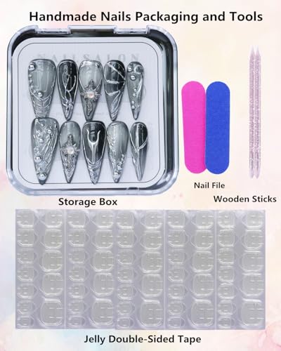 Luxury Handmade Press On Nails Gray Silver Gradient Long Stiletto with 3D Design - Reusable Gothic Fake Nails (Variation B07 / M)