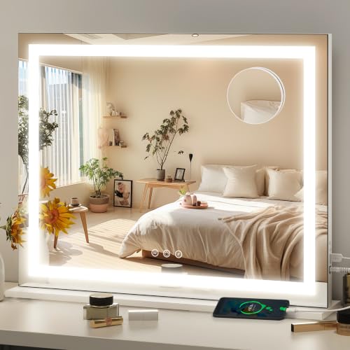 FENNIO 23x18 Inch White Vanity Mirror with Lights, Adjustable Brightness & 3 Color Modes